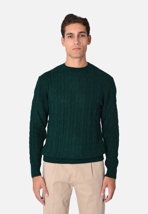 Maglione a maglia a treccia verde scuro con colletto rotondo e polsini a coste. Presenta motivi texturizzati su tutta la superficie, realizzato in un filato morbido.