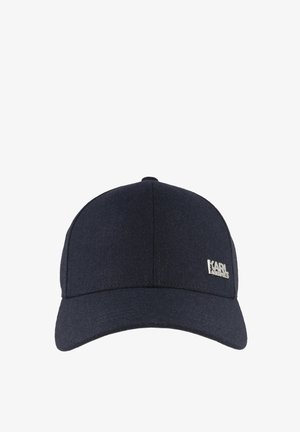 Dark navy blue baseball cap with curved brim and small silver "KARL LAGERFELD" logo on front right panel.