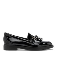 Black patent leather loafers with a rounded toe, featuring a decorative tassel and silver-tone hardware. Low, block heel design.