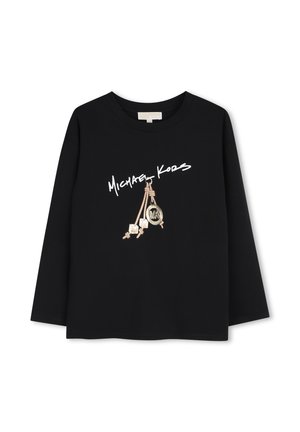 Zwart shirt met lange mouwen met wit Michael Kors-logo en afbeelding van beige koorden met gouden en zilveren bedels op de borst.