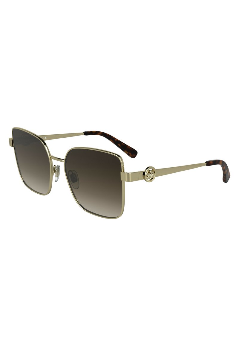 Lunettes de soleil avec une monture en métal doré, verres carrés qui s'assombrissent de haut en bas, et branches en acétate à motif écaille de tortue. Détail du logo sur le côté.