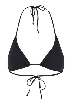 Zwarte driehoek bikini top met dunne halternek en rugstrikjes, gemaakt van gladde stof, weergegeven op een witte achtergrond.