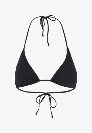 Zwarte driehoek bikini top met dunne halternek en rugstrikjes, gemaakt van gladde stof, weergegeven op een witte achtergrond.