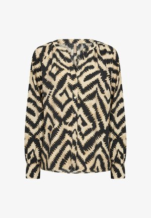 Langärmeliges Hemd mit Knopfleiste, das ein schwarzes und beiges Zickzack-Muster aufweist, aus leichtem Stoff mit lockerem Schnitt und rundem Halsausschnitt.