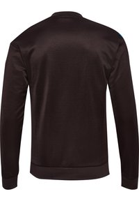 Brun sweatshirt med en glat tekstur, ribbede manchetter og bund, rund halsudskæring og ingen synlige logoer eller mønstre på bagsiden.