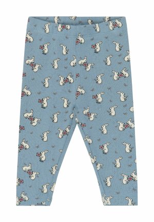 Blaue Leggings für Kleinkinder mit weißen Hasen, die rote Umschläge halten, und kleinen Schleifenillustrationen in einem wiederholenden Muster.