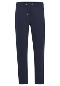 Navy blue sweatpants made from soft fabric, featuring an elastic waistband with drawstring, slim fit, and cuffed ankles.