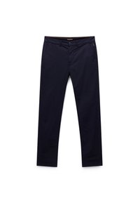 Mørkeblå chinos lavet af letvægtsstof, med knaplukning, sidelommer, og lige ben design med subtile syninger.