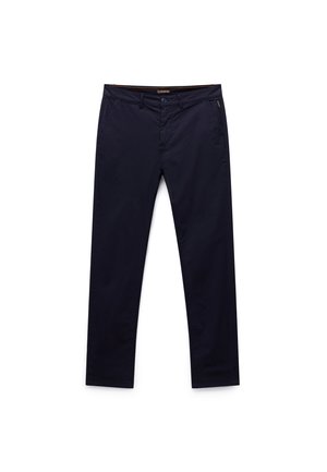 Marineblaue Chinos aus leichtem Stoff, mit Knopfverschluss, seitlichen Taschen und einem geraden BeinDesign mit dezenten Steppnähten.