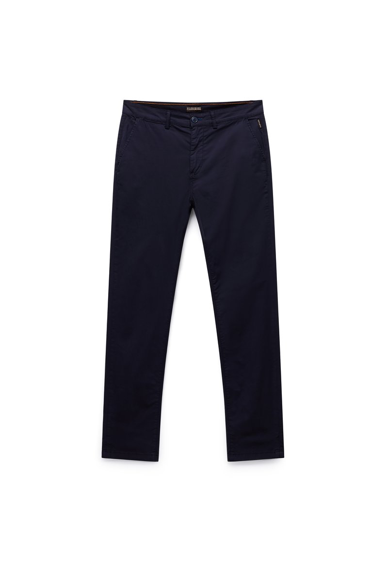 Mørkeblå chinos lavet af letvægtsstof, med knaplukning, sidelommer, og lige ben design med subtile syninger.