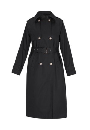 Zwarte trenchcoat van stof, met een dubbele rij knopen aan de voorkant, een riem in de taille, grote revers en lange mouwen met manchet.