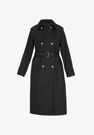 Czarny płaszcz trench z tkaniny, z podwójnym zapięciem z przodu, paskiem w talii, dużymi klapami oraz długimi rękawami z mankietami.