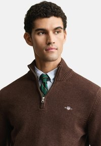 Brauner Strickpullover mit hohem Kragen und halbem Reißverschluss, getragen über einem hellblauen Hemd und einer grün gestreiften Krawatte. Mit Logo auf der Brust.