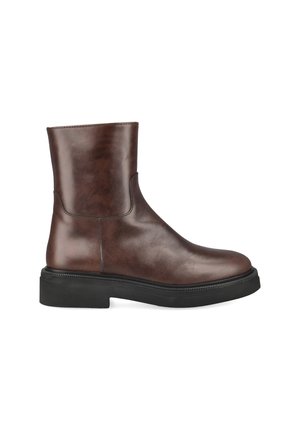 Dark brown leather ankle boot with smooth finish and black thick rubber sole, shown from the side on a white background.