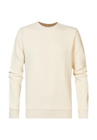 Sweat-shirt à manches longues crème avec col rond, poignets et ourlet côtelés, avec un logo brodé subtil sur la poitrine.
