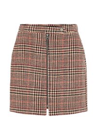 Hooggebroken mini-jurk met een ruitpatroon in rood, beige en zwart, een rits aan de voorkant en een drukknoopsluiting op de tailleband.