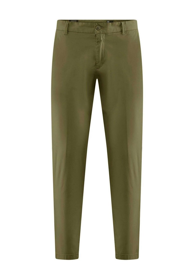 Pantaloni verde oliva realizzati in tessuto tessuto, con fronte piatto, zip e passanti per cintura. Vestibilità slim con caviglie affusolate.