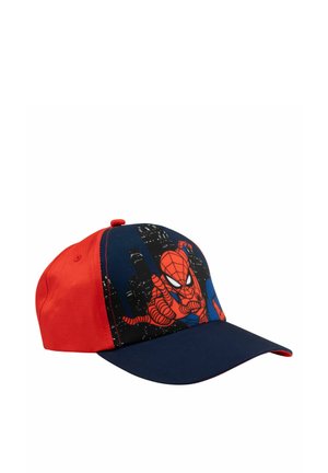 Children's baseball cap with red sides and a navy blue front and visor, featuring a Spider-Man graphic with a city skyline background.