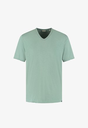 Hellgrünes Herren-T-Shirt mit kurzen Ärmeln und V-Ausschnitt, schlichtes Design und weiche Stoffstruktur, auf weißem Hintergrund dargestellt.