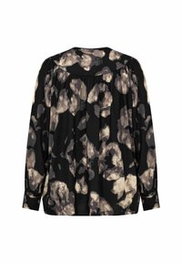Blusa nera morbida con motivo astratto grigio e crema, maniche lunghe, design della schiena plissettato e polsini con bottone. Tessuto dalla texture morbida.