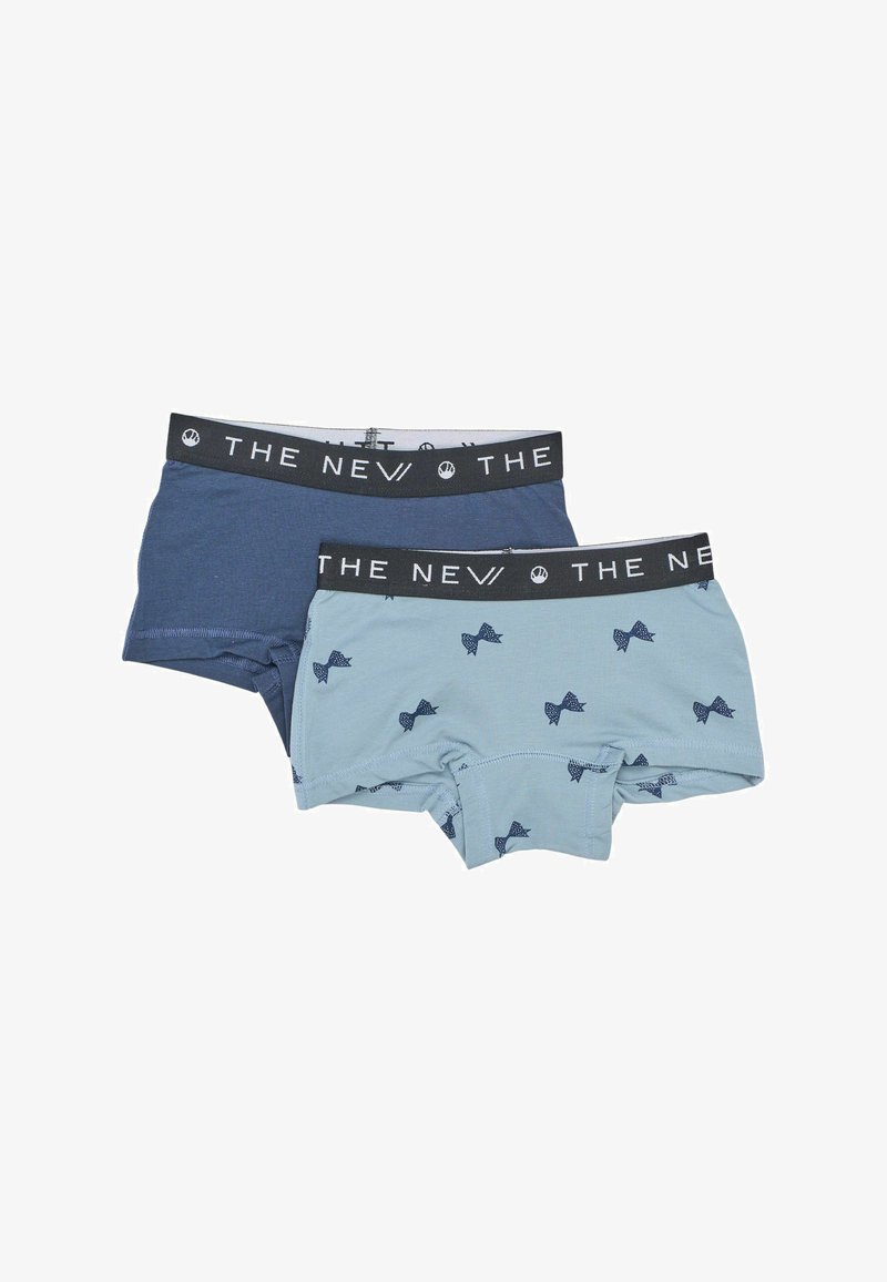 Két pár gyerek boxer alsónadrág, az egyik egyszínű sötétkék, a másik világoskék, sötétkék masni mintával, mindkettő fekete derékrével, amelyen a "THE NEV" felirat áll.