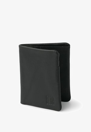 Black leather wallet with a smooth texture, bi-fold design, and embossed branding on the bottom right. No visible hardware or accents.
