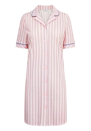 Kortærmet natkjole med pink og blå lodrette striber, knapfront og krave. Lavet af letvægtsstof med en glat tekstur.