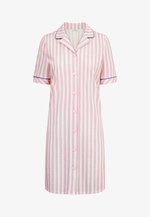 Camicia da notte a maniche corte con strisce verticali rosa e blu, chiusura con bottoni e colletto. Realizzata in tessuto leggero con una texture liscia.