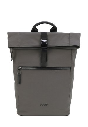 Gray roll-top backpack with front zipper pocket, black buckle strap, padded handle, and "JOOP!" logo on front.