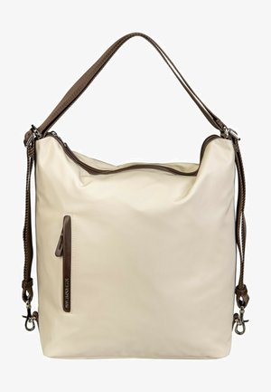 Bolso de hombro de nylon beige con una correa de cuero marrón, que cuenta con un cierre superior con cremallera y un pequeño bolsillo lateral con cremallera a juego.