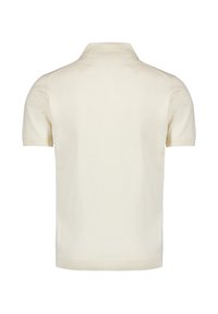Korte mouwen polo shirt van crèmekleurige gebreide stof. Heeft een klassieke kraag en een gladde textuur met ribbelboorden aan de mouwen en onderkant.