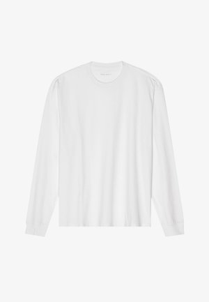 Langärmliges weißes Baumwoll-T-Shirt mit Rundhalsausschnitt und gerippten Bündchen. Einfaches, ungeschmücktes Design mit glatter Textur und normaler Passform.
