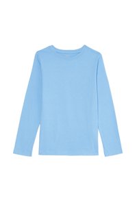 Světle modré triko s dlouhým rukávem vyrobené z měkké bavlněné látky. Má kulatý výstřih a rovný lem. Žádné viditelné vzory ani akcenty.