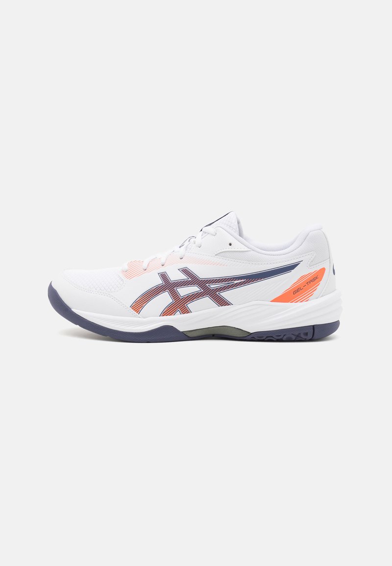 White athletic shoe with purple and orange accents, mesh and synthetic upper, cushioned sole, and a sleek, low-profile design.