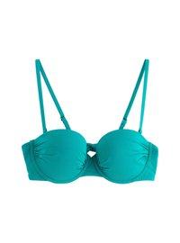 Turkos bikiniöverdel med formade kupor, justerbara tunna remmar, samlad detaljering och en mittknutdesign. Slät, elastisk tyg.