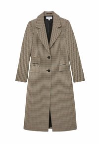 Lang kvindemantel med hundetandsmønster, reverskrave, to sorte knapper og frontlommer med klap, i mellem længde med sort foer.