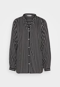 Black and white striped button-up shirt with a V-neck, long sleeves, and a relaxed fit. Features white buttons and contrasting cuffs.