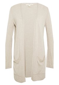 Béžový kardigan s otevřeným předním dílem z měkké pletené látky, s dlouhými rukávy, dvěma předními kapsami a žebrovanými lemy na rukávech a spodním okraji.
