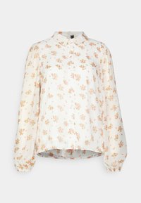 Camicia bianca con bottoni e maniche lunghe a sbuffo. Presenta un motivo floreale in rosa e verde. Tessuto leggero e semi-trasparente. Orlo curvo.