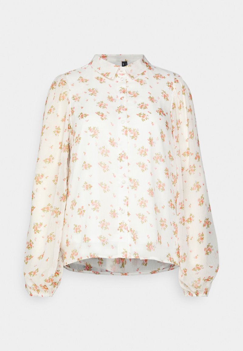 White button-up shirt with long, puffed sleeves. Features a floral pattern in pink and green. Lightweight, semi-sheer fabric. Curved hemline.
