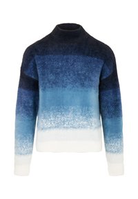 Maglione a gradiente blu con collo alto, caratterizzato da sfumature che vanno dal blu navy scuro al blu chiaro, texture morbida e orlo e polsini a costine bianchi.