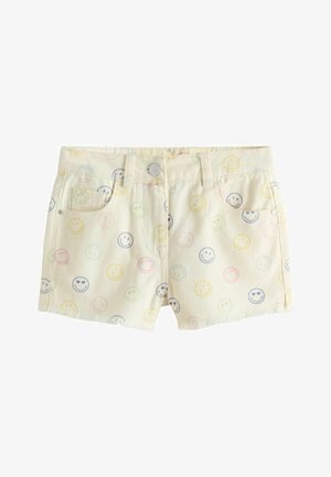Cremefarbene Denim-Shorts mit mehrfarbigen Smiley-Gesicht-Prints, vorderen Taschen, Gürtelschlaufen und einem Knopfverschluss.