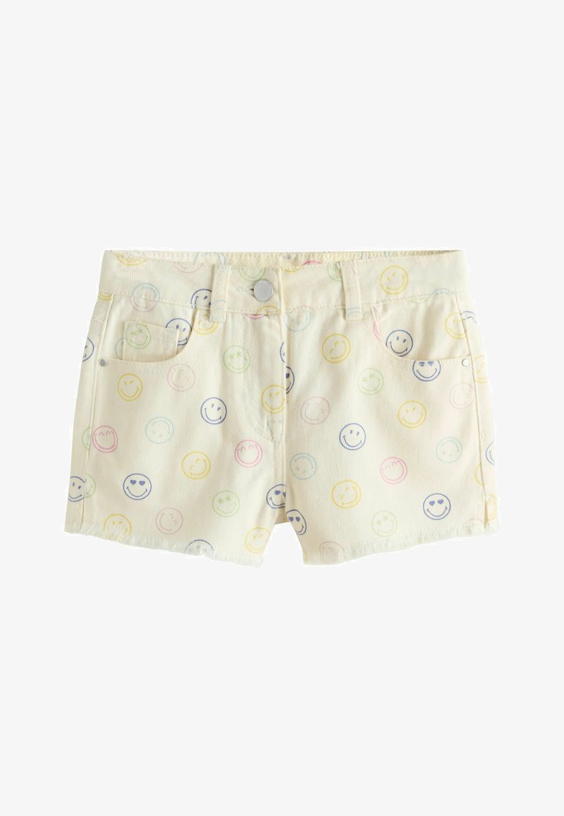 Short en denim couleur crème avec des imprimés de visages souriants multicolores, poches avant, passants pour ceinture et fermeture à bouton.