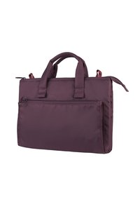 Sac à ordinateur en tissu violet avec deux poignées supérieures, une poche avant zippée et un design rectangulaire élégant. Couture robuste et peu de marques.