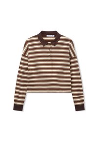 Polo a maniche lunghe a righe marroni e crema con colletto, pattina a tre bottoni e polsini a coste. Tessuto morbido con design accorciato.