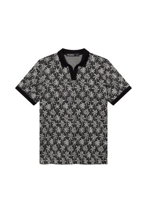 Czarna koszulka polo z białym wzorem palm, czarnym kołnierzykiem i czarnymi mankietami na rękawach.
