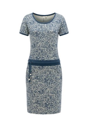Niebiesko-biała sukienka o krótkim rękawie, sięgająca do kolan, z abstrakcyjnym kwiatowym wzorem i jednolitym niebieskim paskiem w talii z wiązaniem na sznurek.
