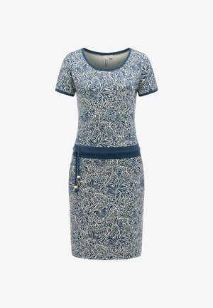 Niebiesko-biała sukienka o krótkim rękawie, sięgająca do kolan, z abstrakcyjnym kwiatowym wzorem i jednolitym niebieskim paskiem w talii z wiązaniem na sznurek.