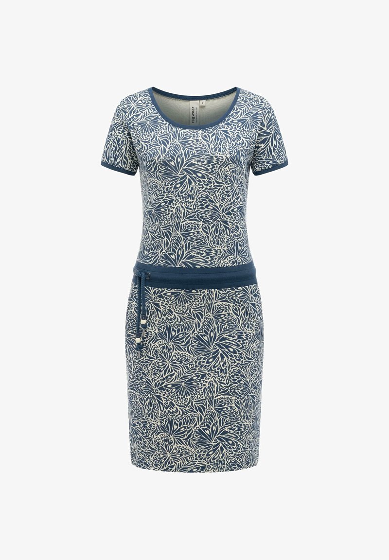 Sinivalkoinen lyhythihainen polvipituinen mekko, jossa on abstrakti kukkakuvio ja yksivärinen sininen vyötärönauha, jossa on nyöri.