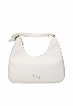 Borsa a spalla in pelle bianca con una tracolla singola e logo e accessori tono oro, dotata di chiusura superiore con cerniera.